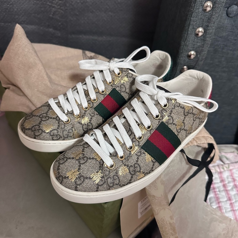 Gucci Patterned Sneakers with Red and Green Accents